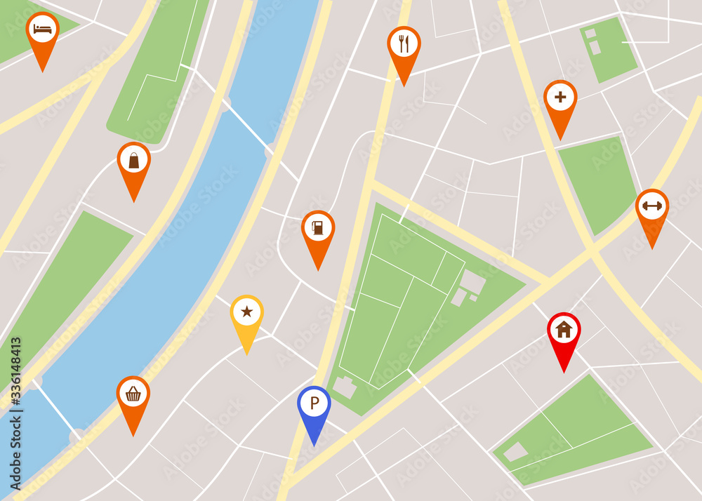 Fototapeta premium Cartoon City Map with Red Pins Concept. Vector