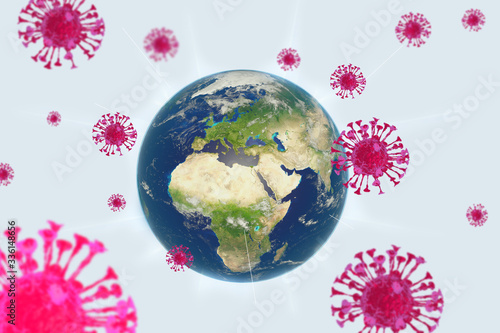 3D illustration of planet earth being attacked by coronavirus. World pandemic concept