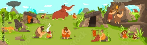 Prehistoric people life in primitive tribe settlement, men hunting mammoth and children playing, vector illustration. Caveman using tools and drawing animals on stone rock. Landscape scene cartoon