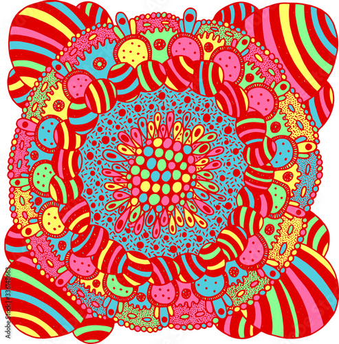 Folk art flower mandala. Psychedelic art. Colorful yoga flyer and poster design. Bright stripes. Surreal art. Trippy artwork. Vetor illustration