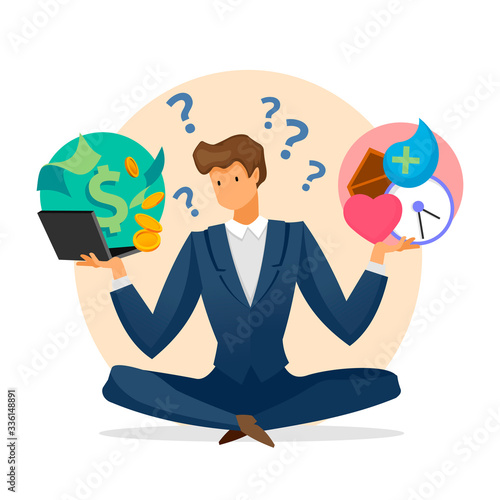 Cartoon Color Character Person Health Care vs Work Conflict Concept. Vector