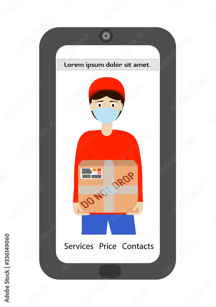 Mobile application courier delivery service. Courier on the phone screen. Mobile application courier delivery service. Courier on the phone screen.