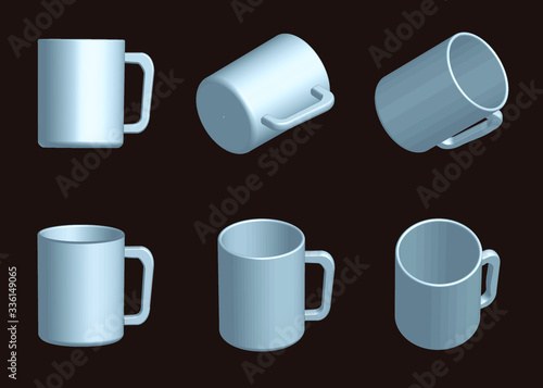 vector white mug collection, set of mugs in different position, coffee cup, tea cup, 