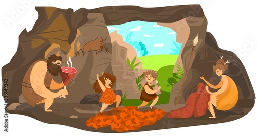 Prehistoric people family, happy primitive children playing, stone age parents live in cave, vector illustration. Caveman cartoon character, happy boy and girl running, cave drawing, shelter dwelling