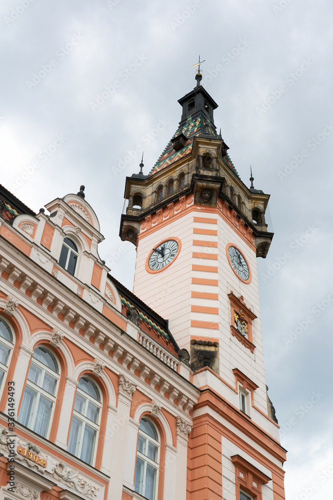 Town hall, Krnov, Czech Republic / Czechia - detail of histrorical landmark and monument. Building is made in renaissance revival architecture style. 