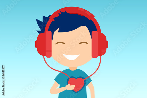 Vector of a happy boy in headphones listening to the music of his heart