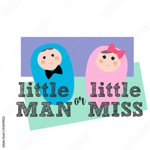Little man or little miss? Gender reveal party card, banner vector element  design