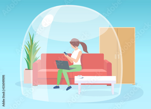 Vector of a woman staying at home working on laptop, self isolated during quarantine inside glass dome