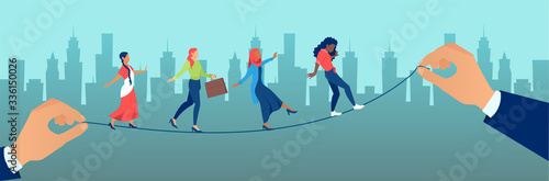 Vector of multicultural women balancing on a rope held by businessmen