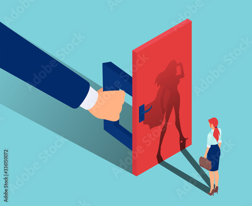 Vector of a brave woman standing in front of a closed door being held by a big business man from inside