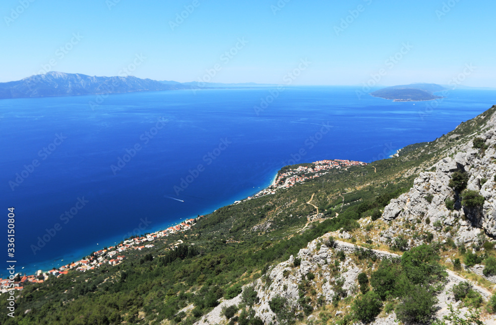 Memory for amazing trip in Split-Dalmatia mountains with this magical landscape with sea, Korčula peninsula and Hvar island. Clear Mediterranean sea after banned forbidden large ships