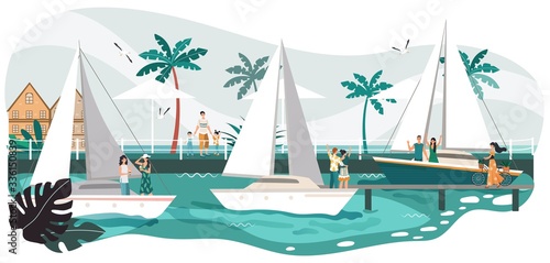 Seaside promenade summer landscape, people on yacht in sea, tropical resort and palm trees on beach cartoon vector illustration. Seafront promenade vacation romantic boats with couples.