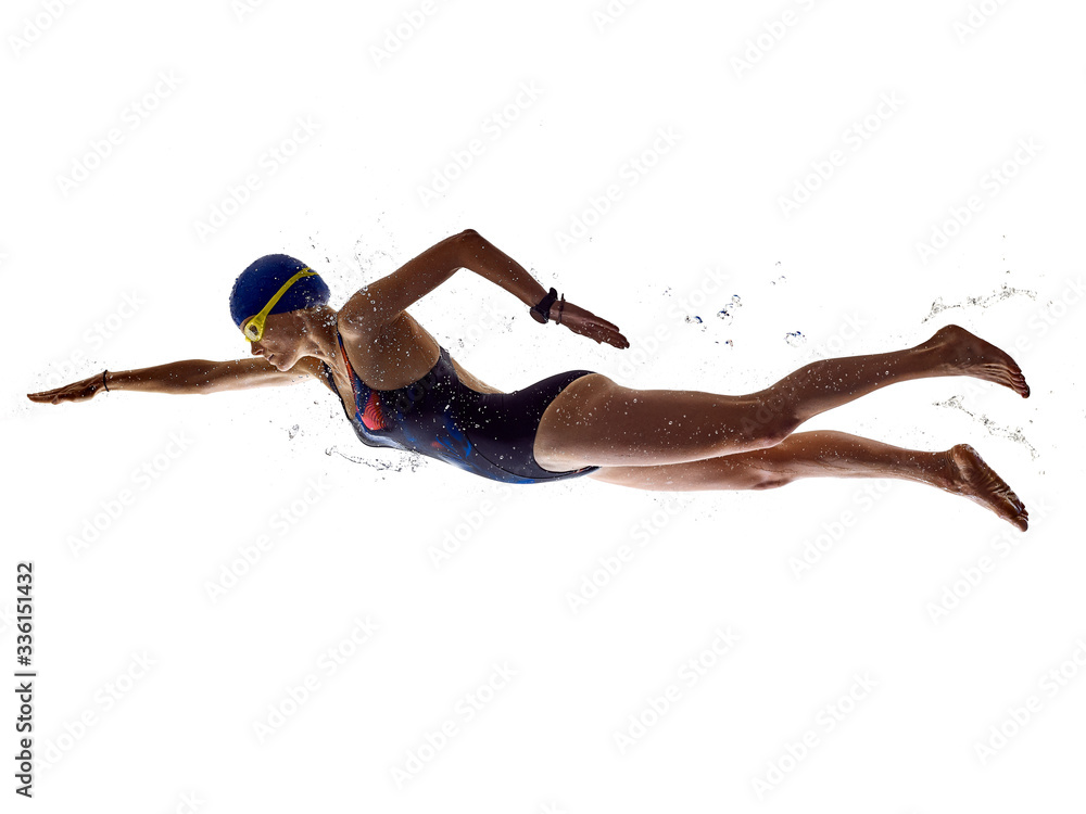 woman sport swimmer swimming isolated white background - obrazy, fototapety, plakaty 