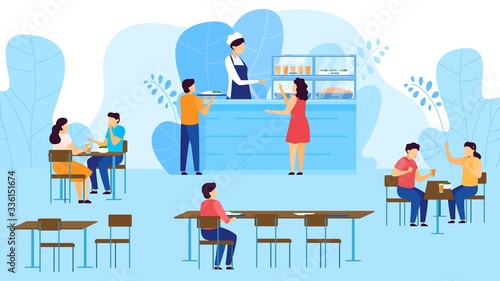 School canteen, cafeteria, children take tray with food, eating, drinking juice at tables cartoon vector illustration. Catering restaurant and canteen freshly cooked warm meals for schoolmates . photo