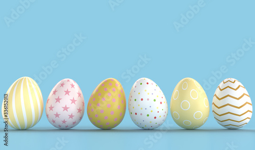 Happy Easter background with colorful 3d decorated eggs, Realistic holiday decoration with typography quote for celebration. greeting card, ad, promotion, poster, flyer, web-banner, article