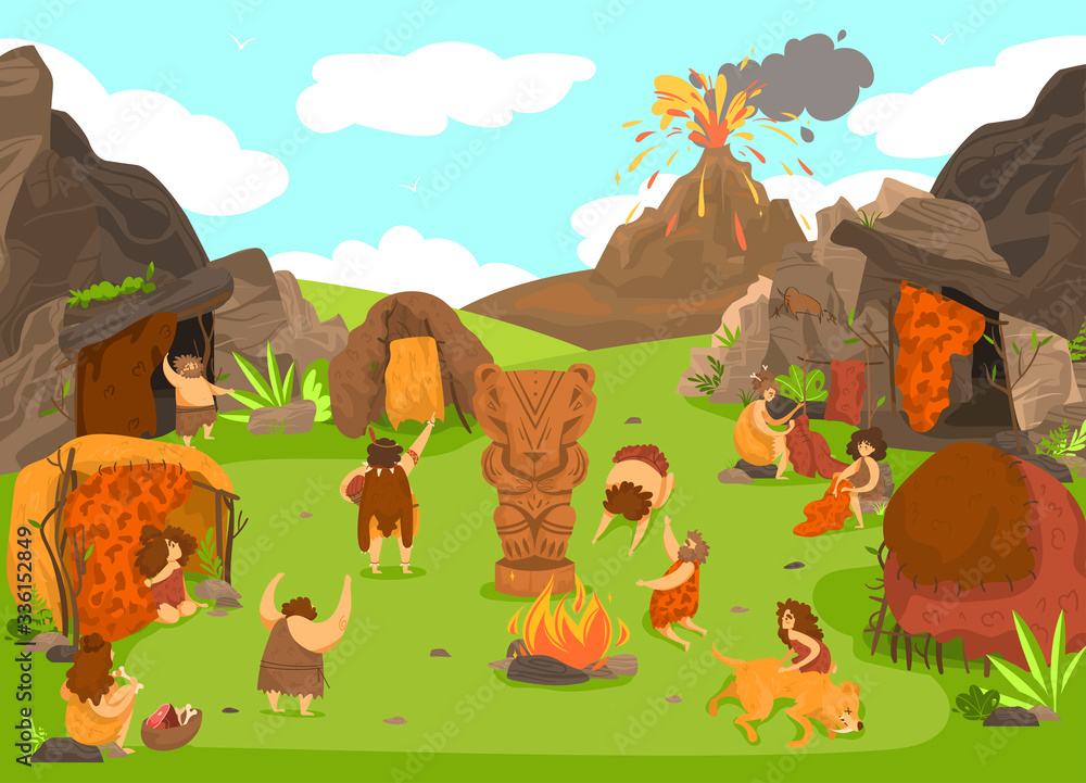 Prehistoric primitive people settlement, stone age tribe cartoon characters, volcano eruption, vector illustration. Cavemen village and totem cult ritual, natural disaster in prehistoric stone age Stock Vector | Adobe Stock Prehistoric primitive people settlement, stone age tribe cartoon characters, volcano eruption, vector illustration. Cavemen village and totem cult ritual, natural disaster in prehistoric stone age Stock Vector | Adobe Stock