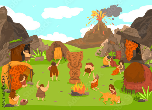 Prehistoric primitive people settlement  stone age tribe cartoon characters  volcano eruption  vector illustration. Cavemen village and totem cult ritual  natural disaster in prehistoric stone age