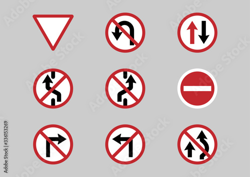 Flat icons for Traffic sign,Give Way,No U-Turn,No Left Turn,No Right Turn,No Overtaking,No changing lane,No entry,vector illustrations