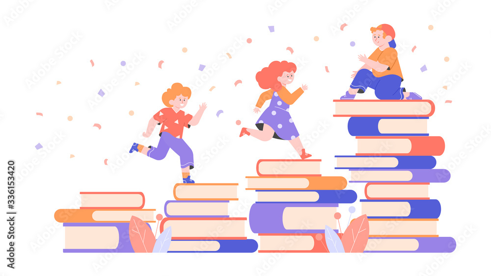 Cute children characters and stacks of books. Friends learn to read together. Boys and a girl of preschool age. Vector flat illustration. Cute children characters and stacks of books. Friends learn to read together. Boys and a girl of preschool age. Vector flat illustration.