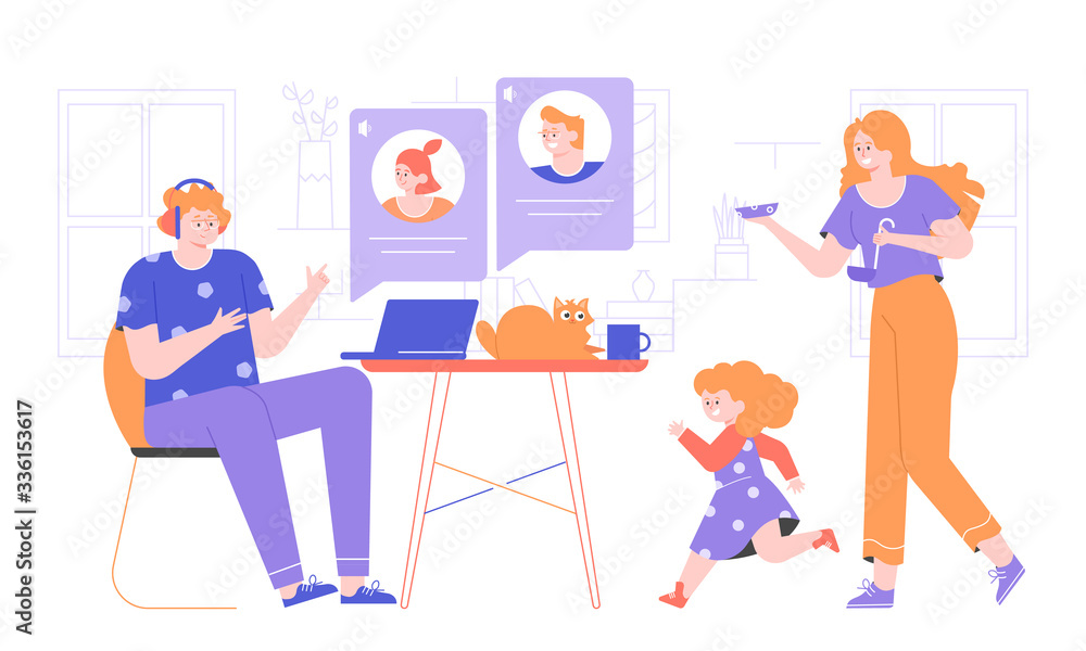 Self-Isolation and quarantine. Family at home. Dad works remotely. Online meeting with colleagues, video call. Daughter plays, mom cooks dinner, the cat lies on the desk. Vector flat illustration.