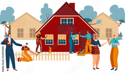 New home building and moving, real estate agent, happy couple with key and workers painting new cottage cartoon vector illustration. Family moves to newly built house, residential concept.