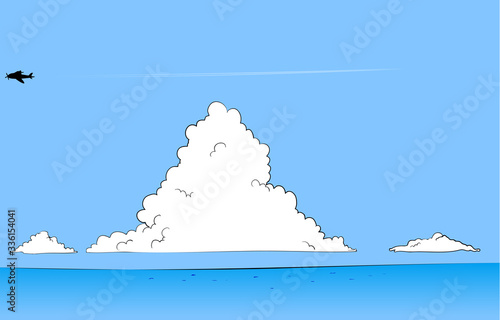 夏の青空と入道雲と海のイラスト　飛行機と飛行機雲つき