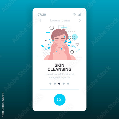 handsome man shaving face with foam skin care concept smartphone screen online mobile app copy space portrait vector illustration