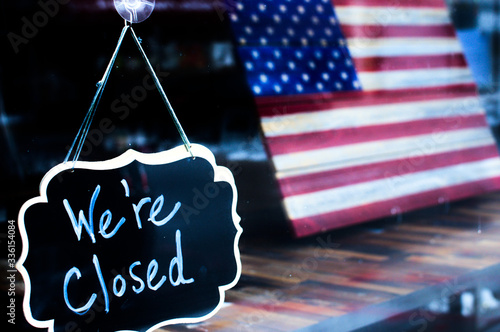 Closed Sign on Store Window Display Due to Covid-19 New York City