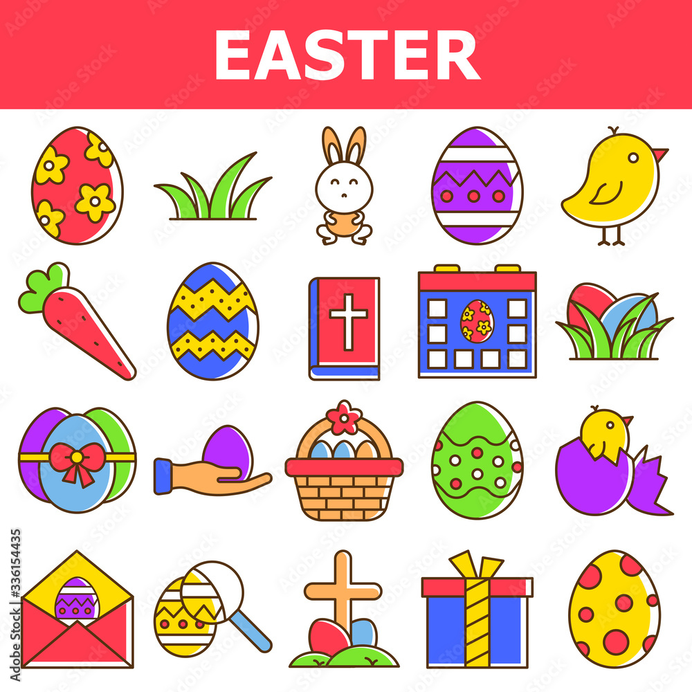 Easter colorful icons set on white background.