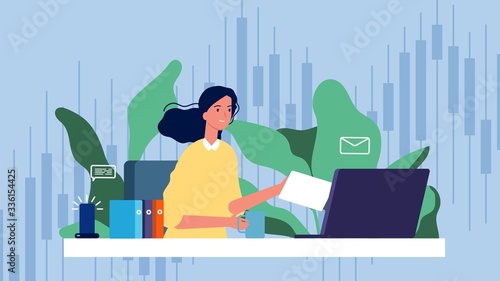 Business woman at work. Financier girl, successful investment. Freelance and work at home, happy manager at the computer. Woman investment success financial, vector illustration