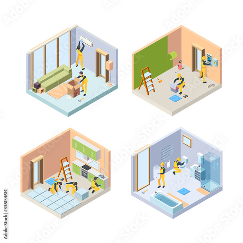 Repair isometric. Renovate floor painting walls repair bathroom house rooms vector illustrations people. Isometric remodeling and renovation, painting and tile