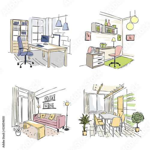 Drawn interiors. Bedroom living room offices in modern building workplace studio vector sketch. Room drawn sketch with couch for meeting illustration