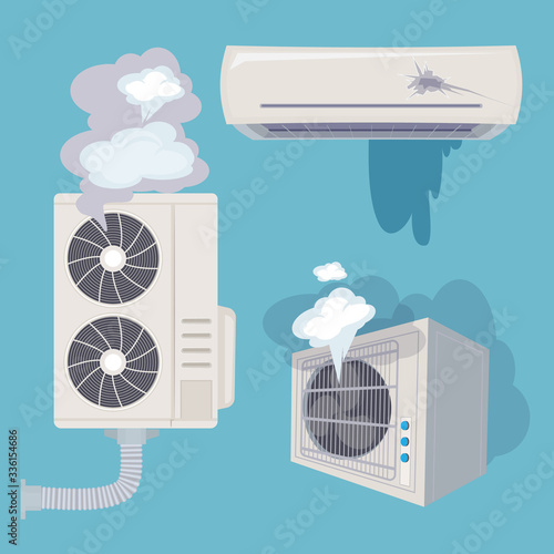 Damaged conditioner. Broken home air systems wind ventilation efficient vector. Illustration conditioner brokenr, air control conditioning defect