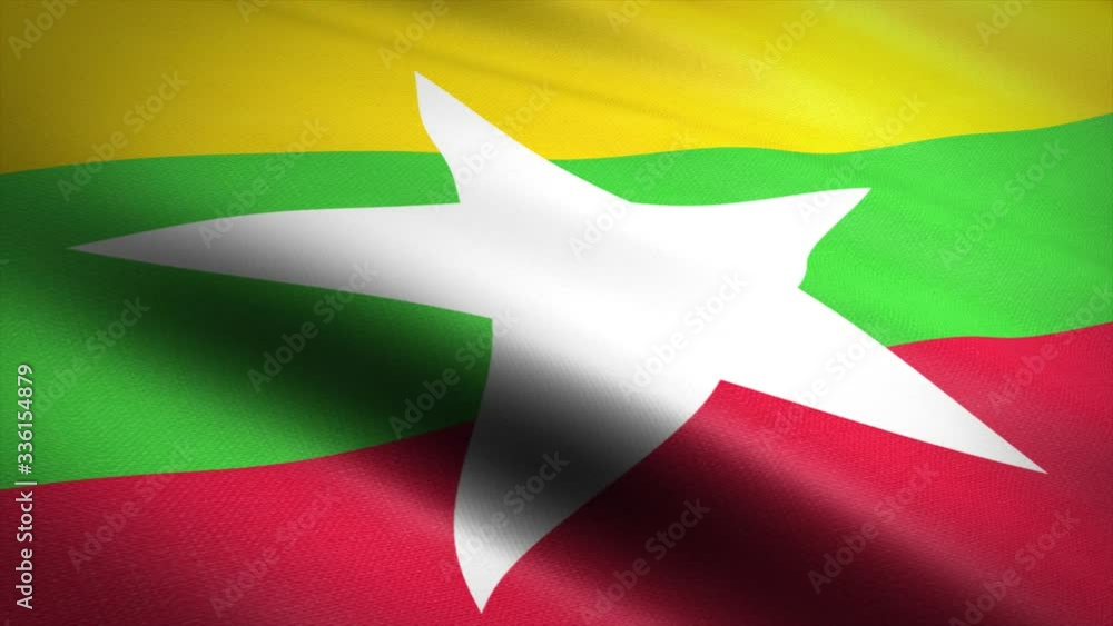 Flag of Myanmar (Burma). Waving flag with highly detailed fabric texture seamless loopable video. Seamless loop with highly detailed fabric texture. Loop ready in 4K resolution 2160p 60fps