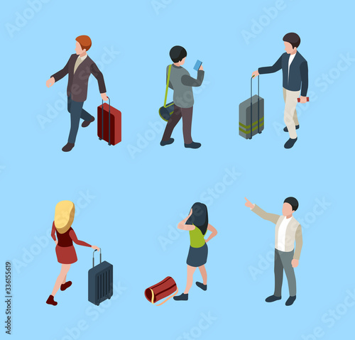 Travellers isometric. Family couples with luggage tourists with baggage vector people in various poses. Illustration traveller character people in airport