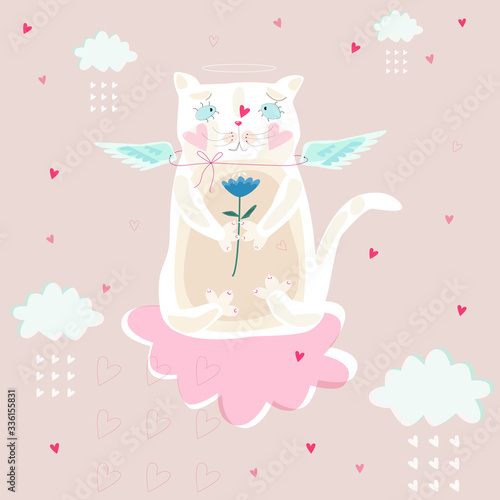 Cute white cat with wings on a pink cloud. Vector graphic.