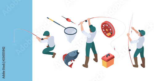 Fishing isometric. Fisherman with spinning in action poses sitting in rubber boat sport fishing hobbies vector people set. Fishing and fisherman with rod illustration