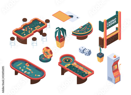 Casino isometric. Poker gambling table gaming nightclub cards room vector gammers people. Casino chance, gambling table stake, coin and slot machine illustration