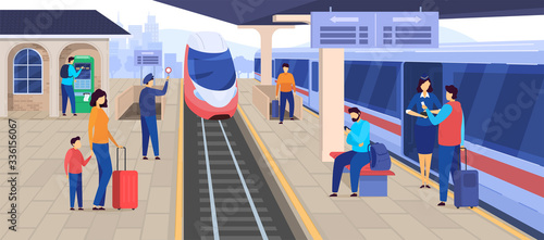 Train arrives at railway station, people waiting on platform, passenger cartoon character, vector illustration. Railroad transport, commuter train departure, urban rail service industry ticket machine