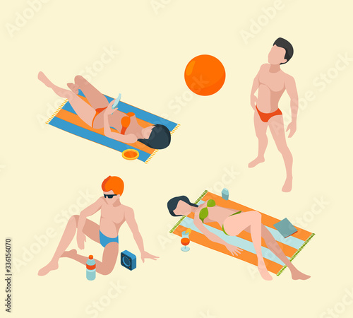 Summer people isometric. Male and female vacation characters in summer clothes vector persons collection. Male on vacation beach, bathing holiday illustration