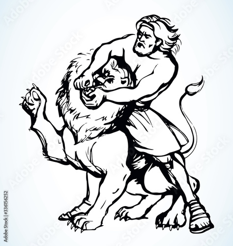 Samson fights a lion. Vector drawing