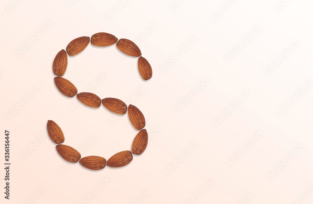 Obraz premium Letter S of the English alphabet from nuts. Food pattern made from nuts alphabet for shop and diet