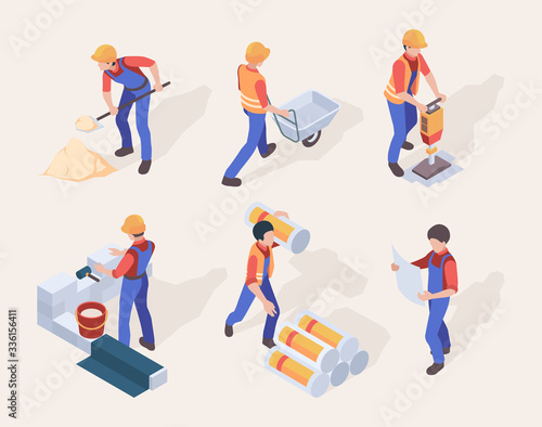 Workers isometric. Builders in uniform different construction machines and tools vector people set. Specialist craftsman, worker isometric, builder guiding illustration