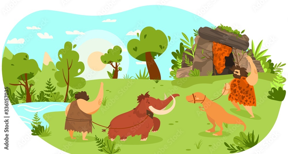 Stone age people with pet animal, mammoth and dinosaur on leash, funny ...
