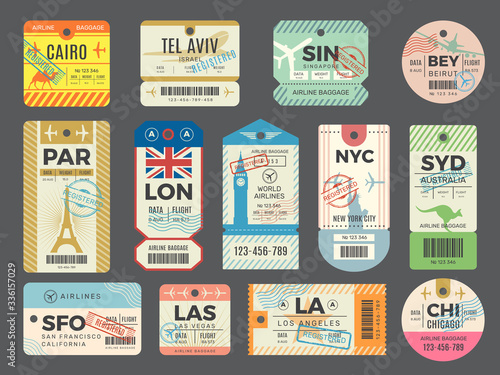Baggage retro tags. Traveling old tickets flight labels stamps for luggage vector set. Luggage tag ticket, airplane paper baggage card illustration