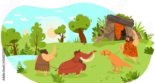 Stone age people with pet animal  mammoth and dinosaur on leash  funny vector illustration. Prehistoric man lifestyle  primitive human cartoon character. Comic savage barbarian as friendly neighbor