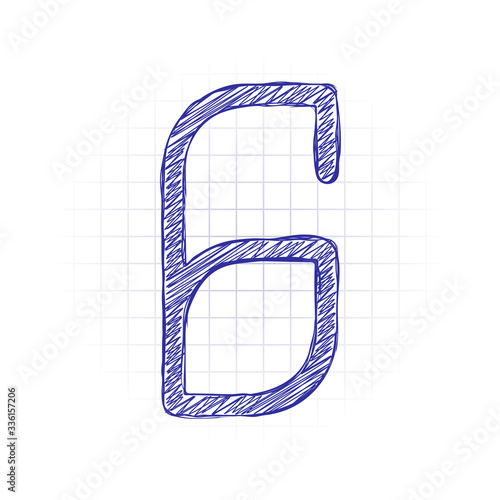 Number 6, numeral, sixth. Hand drawn sketched picture with scribble fill. Blue ink. Doodle on white background