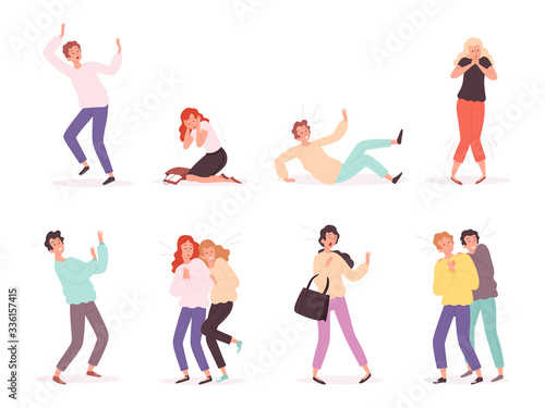 Horrified people. Scary woman and man with attack expression emotions on faces nervous body position vectors. Phobia and panic, scary and worry illustration