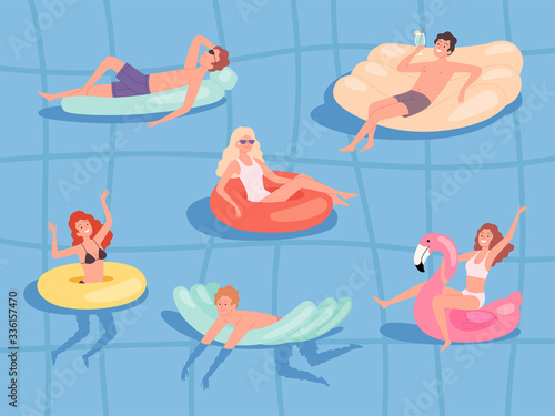 People floating pool. Summer relax at sea boys and girls swimming on rubber mattress vector sunbathing characters. People sunbathing pool relax swimming illustration