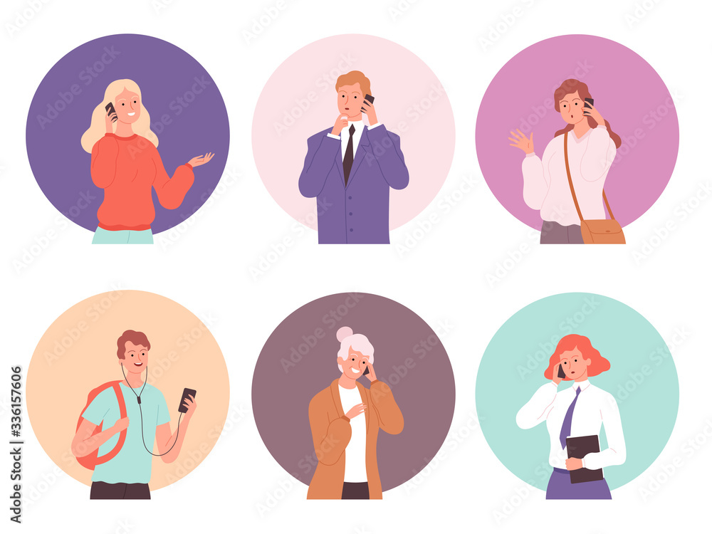 People talking phone. Young male and female conversation dialogue at smartphone vector speaking person. Young woman and man communication, business people with smartphone illustration People talking phone. Young male and female conversation dialogue at smartphone vector speaking person. Young woman and man communication, business people with smartphone illustration